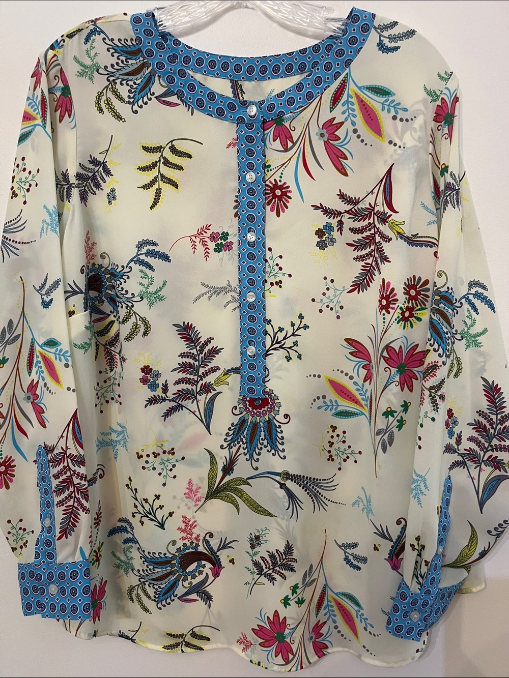 Talbots Cream Floral Long-Sleeve Blouse with Blue Trim 2XP